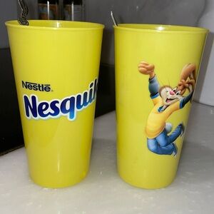NWOT 2 Nesquik reusable plastic cups & 2 medal spoons with logo